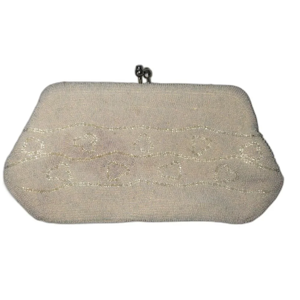 Vintage White Beaded Clutch Purse with Kiss Lock Closure